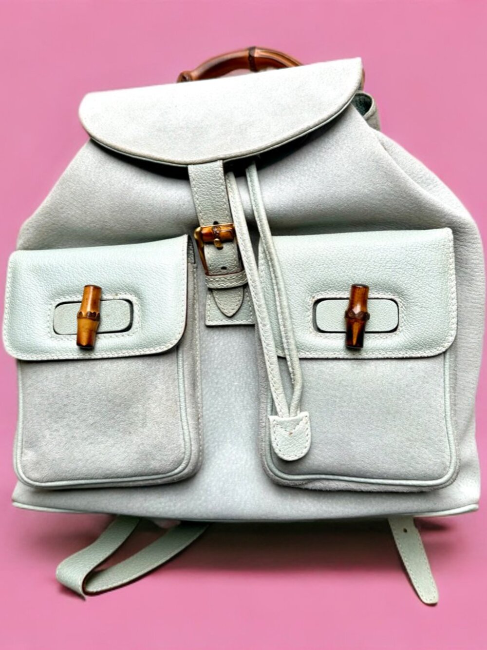 Gucci Vintage Light Blue Suede Bamboo Backpack